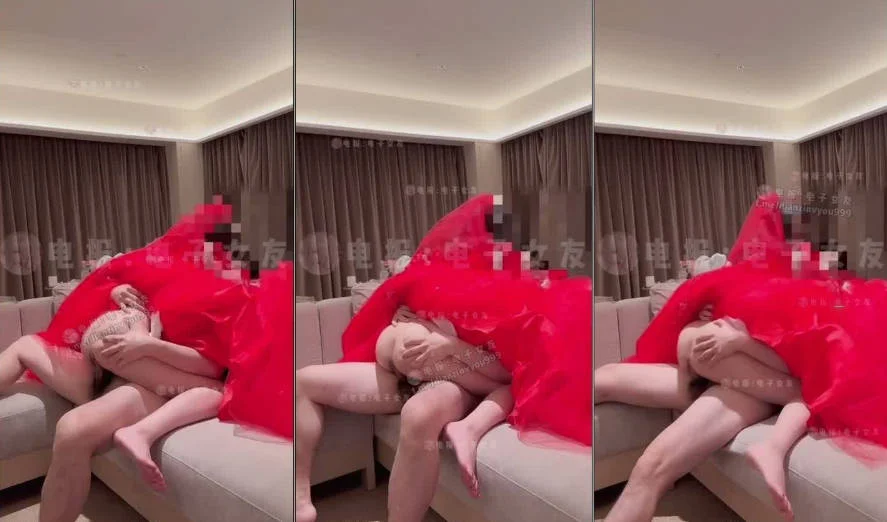 推特新晋极品美痴女「桉X」红色婚纱礼服NTR绿帽系列，结婚当天出轨老板，辱骂一旁的老公是个没用的绿毛，全程骚话